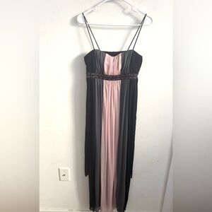 Black & Pink Chiffon Empire Waist Dress L Spaghetti Strap Pleated Midi Beaded